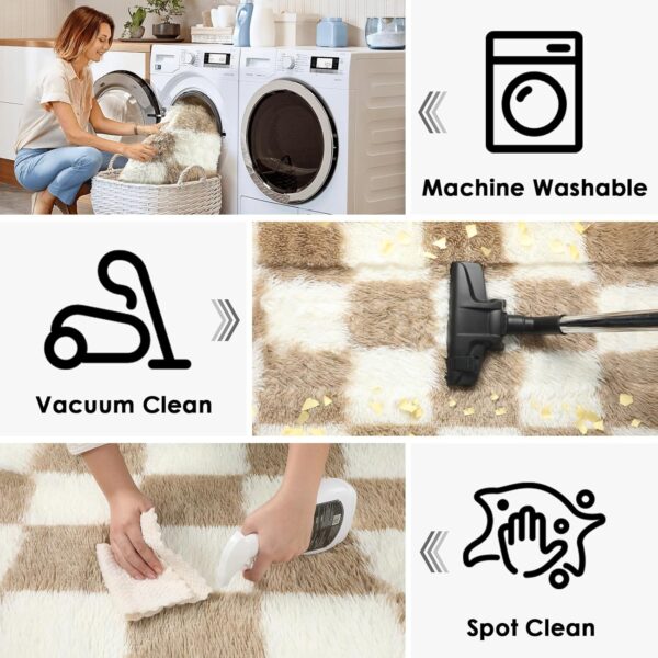 KICMOR 5x8 Beige and Cream White Rugs Living Room Carpets, Large Fluffy Shag Fuzzy Checkered Area Rug for Bedroom Aesthetic, Soft Plush Shaggy Rug for Nursery, Playroom, Teen Dorm Room Home Decor - Image 3
