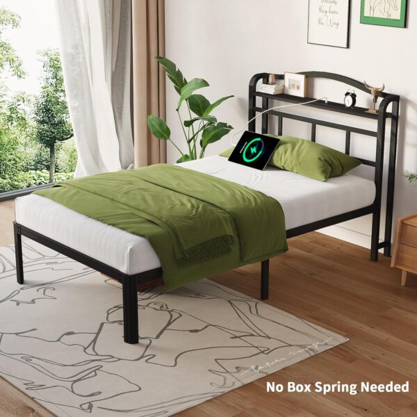 Twin Bed Frame - Twin Bed Frame with Headboard and USB & Type C Charging Station, Heavy Duty Metal Bed Frame No Box Spring Needed with Ample Storage Space - Easy Assembly and Noise Free - Image 3