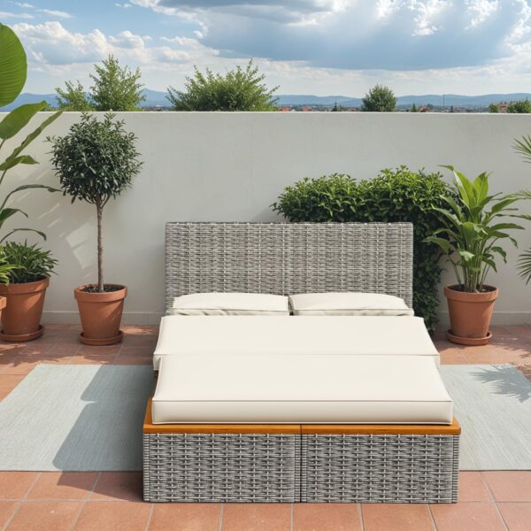 Devoko Outdoor Daybed Set Multifunctional Patio Day Bed Rattan Lounge Bed with 2 Side Tables for Backyard Porch Poolside Lawn Beach (Beige White) - Image 3