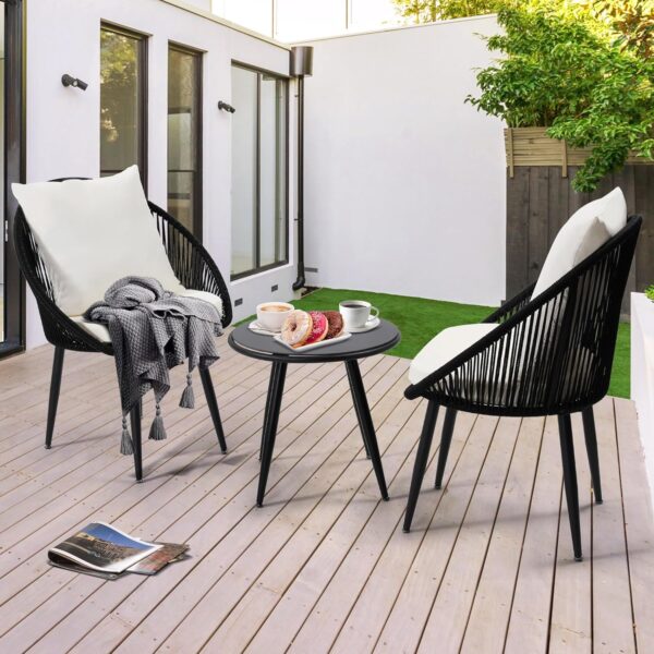 3 Pieces Bistro Set, Woven Rope Chair with Cushions, All Weather Patio Conversation Set and Side Table, Ideal for Deck, Balcony, Poolside, Black - Image 3