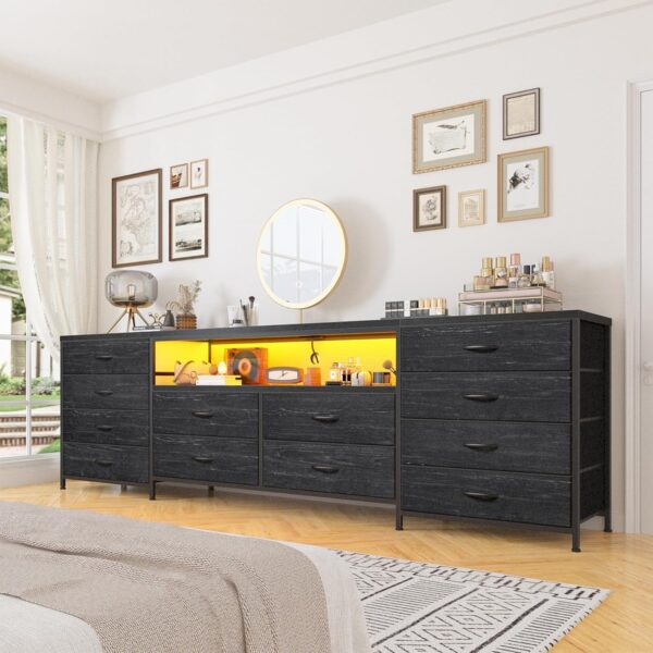 EnHomee Fits 75" TV Stand Dresser for 65 70 75 Inch TV 63"W Dresser TV Stand for Bedroom with LED Lights & Power Outlets & 12 Drawers Black Dresser for Bedroom Long Fabric Dresser Entertainment Center - Image 7