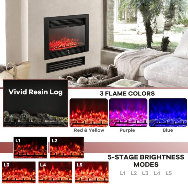 GLACER 28.5'' Electric Fireplace Insert, Recessed & Freestanding with Adjustable Flame Color Timer, Indoor Heater w/Remote Control (750W/1500W) Black… - Image 6