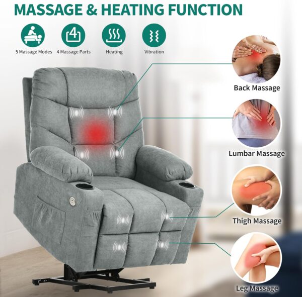 YITAHOME Electric Power Lift Recliner Chair for Elderly, Fabric Recliner Chair with Massage and Heat, Spacious Seat, USB Ports, Cup Holders, Side Pockets, Remote Control (Grey) - Image 3