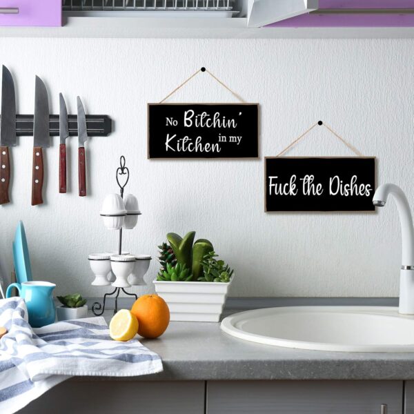 Jetec 2 Pieces Funny Kitchen Signs the Dishes Hanging Wall Art Sign No Bitchin in My Kitchen Rustic Wooden Wall Signs Decorative Wood Sign Home Kitchen Decor, 10 x 5 Inch (Stylish) - Image 4