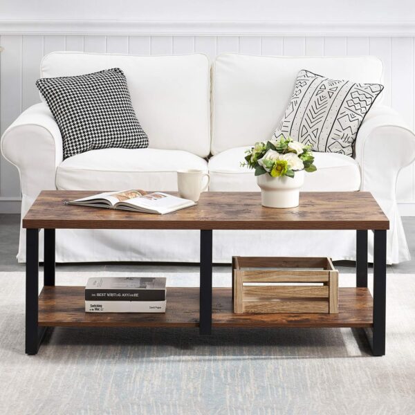 Industrial Coffee Table for Living Room, Sturdy Wood and Metal Cocktail Table with Open Storage Shelf, 47.2 inch Rustic Brown - Image 3