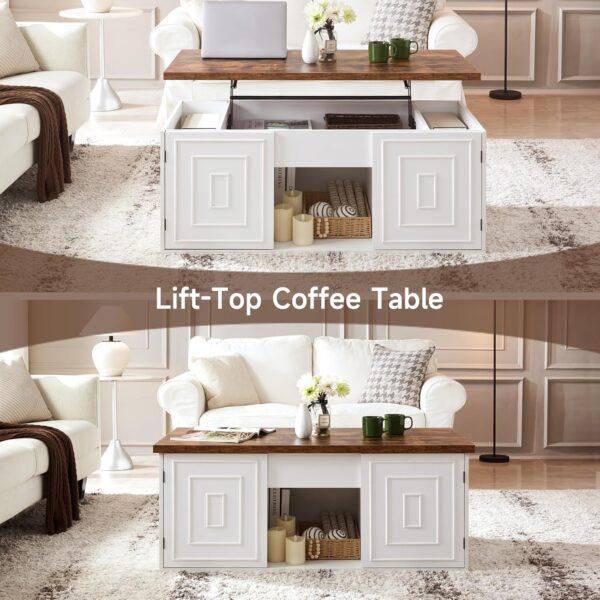 Lift Top Coffee Table with Storage, 48" Rustic Center Table with Hidden Storage Compartment and 2 Cabinet, White Coffee Table Converts to Dining Table for Living Room, Office - Image 3