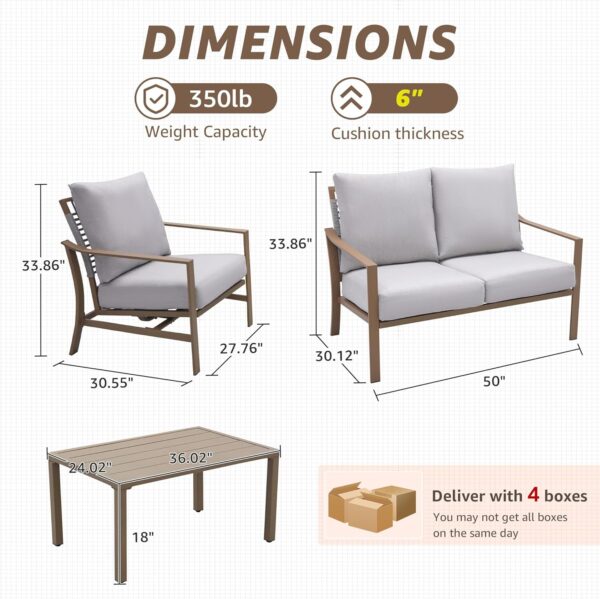 NATURAL EXPRESSIONS 4 Pieces Patio Furniture Sets,Modern Metal Outdoor Conversation Sets with High Back All Weather Hand-Woven Rope Rocking Chairs, Loveseat, Metal Table, 6" Thick Olefin Cushions - Image 6