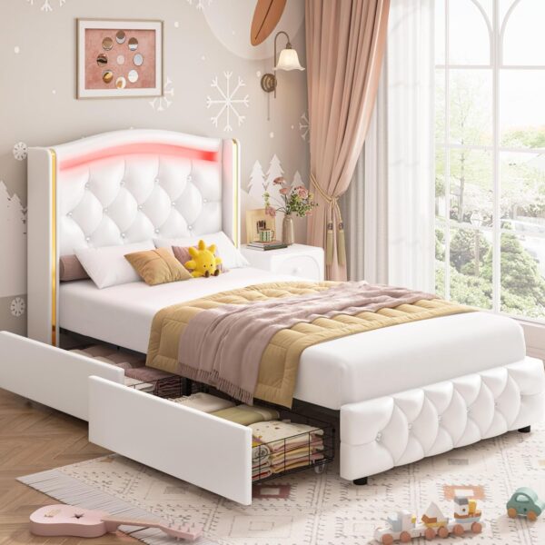 HIFIT Full Smart LED Platform Bed Frame with 4 Storage Drawers, Crystal Button-Tufted & Stainless Gold Trim Wingback Headboard, Modern PU Upholstered White /No Box Spring Needed/Easy Assembly