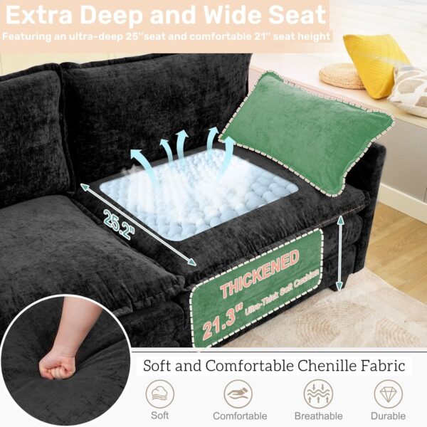 Sectional Couches for Living Room - L Shaped Couch Cloud Couch Comfy Sectional Couches, 113" 3-Seat Comfy Sectional with Ottoman/Pillows for Apartment, Bedroom, Black - Image 5