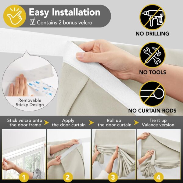 Deconovo French Door Curtain, Front Door Curtains for Glass Window, Blackout Curtains for Bedroom, Sidelight Curtains for Living Room, Velcro Tie Up Curtains, 1 Panel, Light Beige, 26x40 - Image 3
