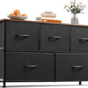WLIVE Dresser for Bedroom with 5 Drawers, Wide Chest of Drawers, Fabric Dresser, Storage Organizer Unit with Fabric Bins for Closet, Living Room, Hallway, Black and Rustic Brown
