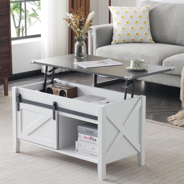 VINGLI White Charcoal Lift Top Coffee Table, 36" Small Farmhouse Barn Door Coffee Table with Storage, Rectangular Center Wood Coffe Table with Lifting Top, Living Room Tables with Hidden Compartment - Image 6
