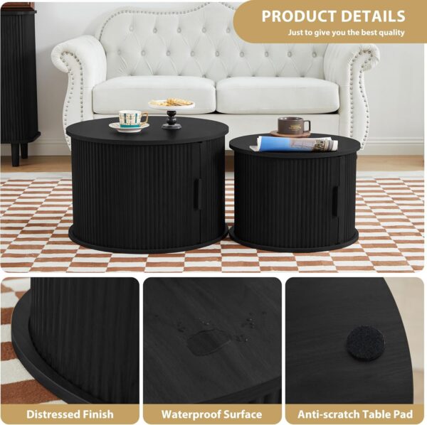 Coffee Table, Modern Round Coffee Table Set of 2 with Storage Compartment and Sliding Door, Side End Accent Table for Living Room, Bedroom, Apartment, Office (Black) - Image 6