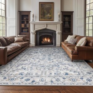 jinchan Washable Area Rug 6x9 Low Pile - Living Room Rug Stain Resistant Vintage Rug Boho Area Rug Large Rug Ultra-Thin Non Slip Carpet Floral Print Indoor Rug for Bedroom Kitchen Farmhouse Blue