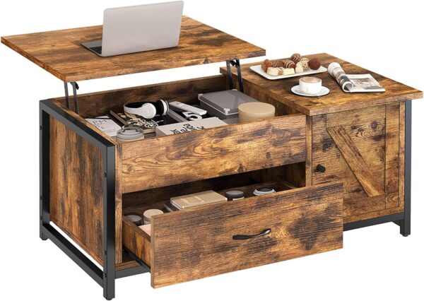 FABATO 41.7" Lift Top Coffee Table with Storage Drawer& Hidden Compartment Barn Door Cabinet Center Table Coffee Table for Living Room Farmhouse Industrial Wood (Rustic Brown2) - Image 4