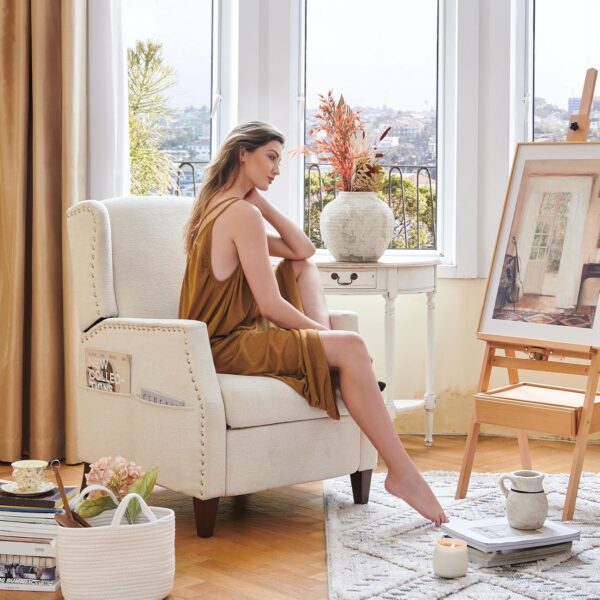 COLAMY Wingback Pushback Recliner Chair with Storage Pocket, Upholstered Fabric Living Room Chair Armchair with Wood Legs and Nailhead Trim, Beige - Image 7