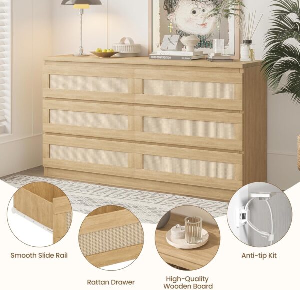 Jojoka Rattan Dresser for Bedroom, Modern 6 Drawer Double Dresser with Anti-Tip Kit, Wood Storage Wide Chest of Drawers for Bedroom, Living Room, Hallway, Natural - Image 7