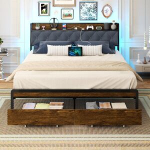 Queen Bed Frame with LED Light & Power Outlet, Queen Platform Bed with Upholstered Headboard and Storage Cabinet, Sturdy Wooden Slats Support, No Box Spring Needed