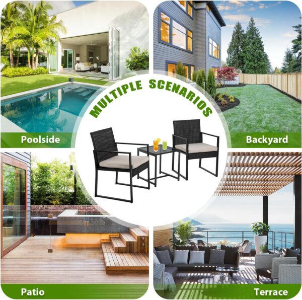 PayLessHere 3-Piece Rattan Wicker Bistro Set Outdoor Conversation Set Sturdy Frame Wicker Furniture with 2 Chairs Cushions Tempered Glass Table for Poolside Balcony Patio Bar Garden (Khaki) - Image 7