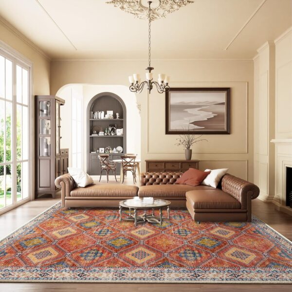 Area Rug 8x10 Bohemian Area Rugs Stain Resistant Print Washable Boho Rug Vintage Distressed Carpet Rugs Non Slip Low Pile Water Repellent for Living Room Bedroom Red/Orange/Blue