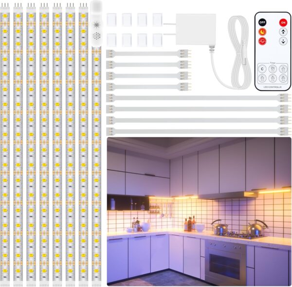 LAFULIT Under Cabinet Lighting Kit - 8 PCS, 2700K Warm White Flexible LED Strip Lights with Remote and Power Adapter for Kitchen Cabinets, Shelf, Desk, Counter - 13ft