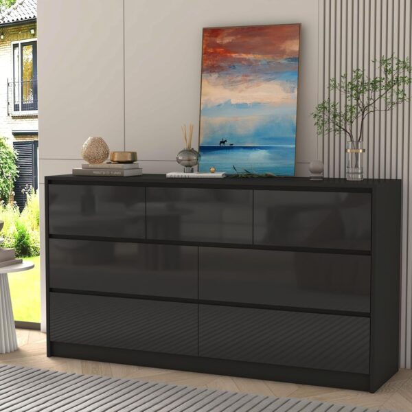Black Malm Dresser for Bedroom, 55 Inch Long Dresser High Gloss Dresser with 7 Drawers, Modern Large Wood Chest of Drawer Handle Free, Dresser for Kids Bedroom, Living Room, Entryway, Hallway, Black