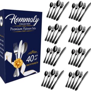 Black Silverware Set 40pcs Stainless Steel flatware Dinnerware Set, Black Tableware Set for 8, 40 piece flatware Set Service for 8, Mirror Finish Black Cutlery Set (Black 40)