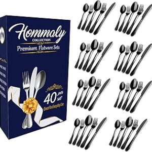 Black Silverware Set 40pcs Stainless Steel flatware Dinnerware Set, Black Tableware Set for 8, 40 piece flatware Set Service for 8, Mirror Finish Black Cutlery Set (Black 40)
