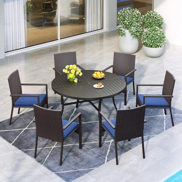 MFSTUDIO 5 Pieces Patio Dining Furniture Set for 4, 37" Steel Frame Slat Large Square Table with 1.57'' Umbrella Hole and 4 PE Rattan Dining Chairs, Outdoor Table and Chairs Dining Set for 4