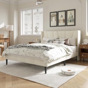 Queen Size Bed Frame with Headboard, Velvet Upholstered Platform Bed Frames, Contemporary Mattress Foundation, Noise Free, No Box Spring Needed, Easy Assembly, Beige