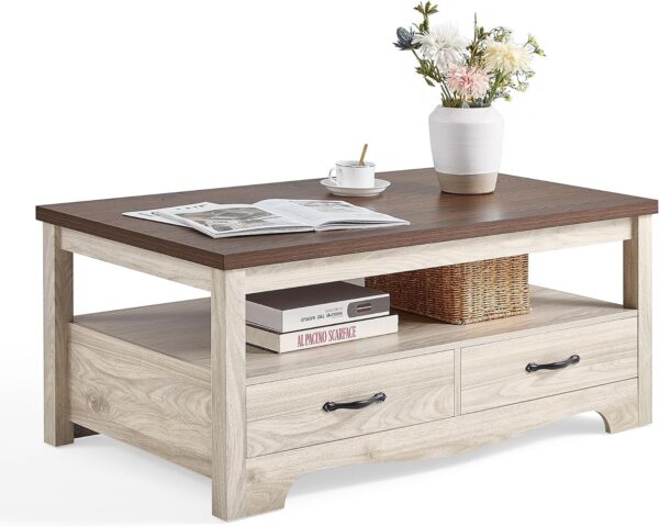 LINSY HOME Farmhouse Coffee Table with Storage, Wood Coffee Table for Living Room, Open Display Area and Storage Drawers with Metal Handles, Chic Style with Curved Base. Oak and Brown