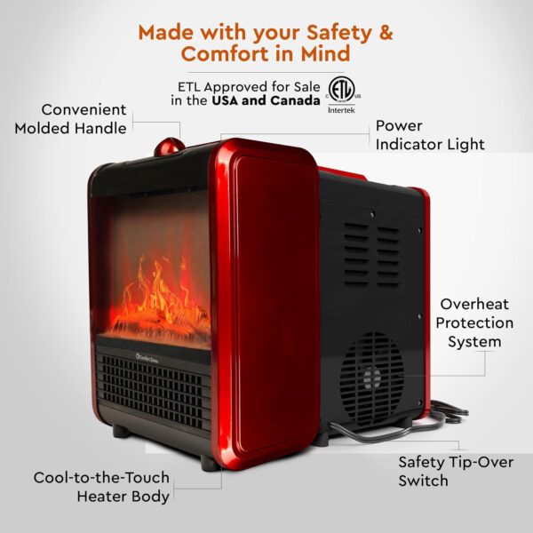 Comfort Zone Electric Mini Fireplace Space Heater with Realistic 3D Flame, Stay-Cool Body, Carry Handle, Overheat Sensor, and Safety Tip-Over Switch, Ideal for Home, Bedroom, & Office, 1,200W, CZFP1 - Image 7