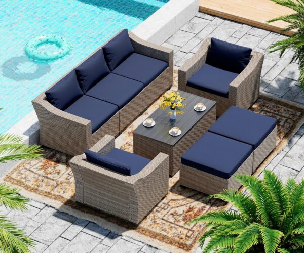 Patio Conversation Set Rattan Outdoor 8 Piece Sectional Furniture Sofa Set Wicker Couch with Coffee Table and Cushions for Poolside, Backyard - Image 6