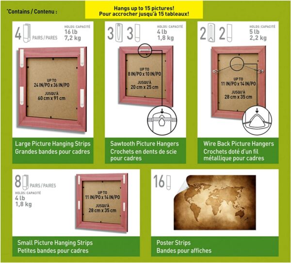 Command Picture Hanging Kit, Various Sized Picture Hanging Hooks and Strips to Hang Up to 15 Pictures, Indoor Use, Decorate Damage-Free,White - Image 3