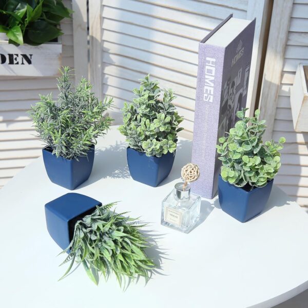 summer flower Set of 4 Fake Plants in Pot,Small Artificial Eucalyptus Potted Plant,Mini Wheat Grass，Ferns Faux Plants Greenery for Home Indoor Office Table Bathroom Farmhouse Decoration (Blue) - Image 6
