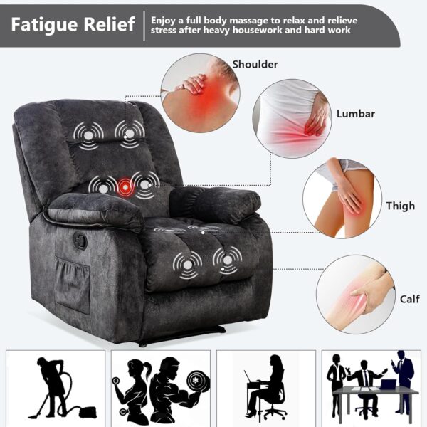 ANJHOME Overstuffed Massage Recliner Chairs with Heat and Vibration, Soft Fabric Single Manual Reclining Chair for Living Room Bedroom (Grey) - Image 5