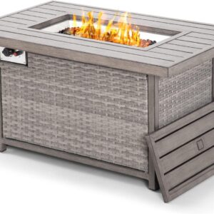 Fire Pit Table, HAPPATIO 42inch 50000 BTU Propane Fire Pit with Mental Fence Table Top, Lid, Black Glass Rock, CSA Safety Certified for Patio Balcony Backyard (Gray)
