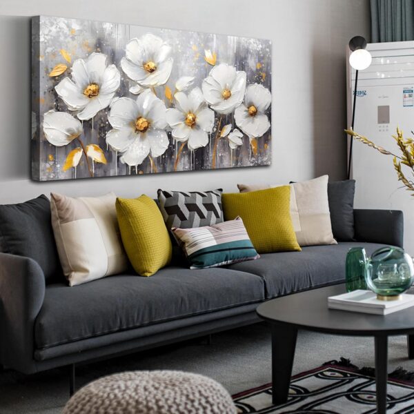 CIRABKY Flower Wall Art for Bedroom - White Wall Decor - Gold Wall Art for Living Room Office Artwork Canvas Pictures Size 20" x 40" - Image 2