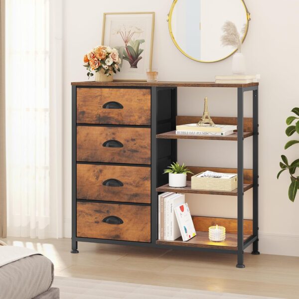 YITAHOME Storage Tower with 4 Drawers and Side Shelf, Fabric Dresser, Organizer Unit for Room, Living Room, Hallway, Closets - Sturdy Steel Frame, Easy Pull Fabric Bins & Wooden Top (Rustic Brown) - Image 2