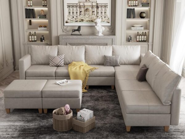 Faux Leather Modular Sectional Couch with Storage, Faux Leather Couch sectional Sofa l Shape 9 Seat Modular Sectional Sofa Couch for Living Room Whitesand - Image 3