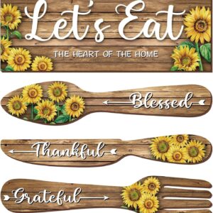 YLOLUL 4 Pcs Sunflower Kitchen Decor Let's Eat Sign Fork Spoon Knife Farmhouse Wall Decor for Home Dining Room Cafe Restaurant