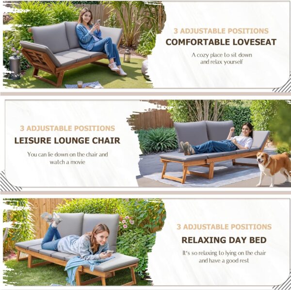 Devoko Outdoor Couch Acacia Wood Patio Couch with Adjustable Armrests,Outdoor Convertible Sofa with Removable Cushions&Pillows for Patio, Porch, Poolside(Grey) - Image 4