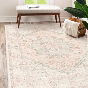 LIVEBOX Pink Area Rug 5x7 - Large Oriental Floral Living Room Rug Vintage Non-Slip Indoor Rug Aesthetic for Bedroom, Soft Retro Carpet Print Distressed Accent Rug for Apartment, Pink