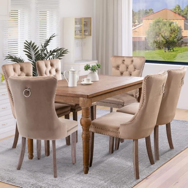 SoarFlash Velvet Dining Chairs Set of 6, Tall Back Side Chair, Modern Upholstered High-end Tufted Side Chair with Button Back Ring, Solid Wood Legs (Khaki) - Image 6