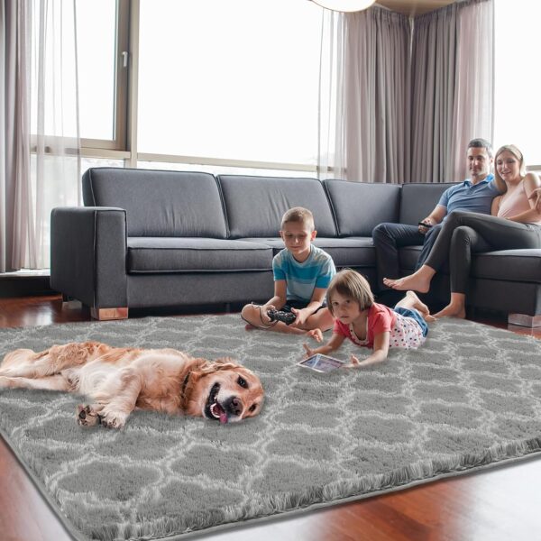 Area Rugs 8x10, Shag Rugs for Living Room, High Pile Fluffy Carpet for Bedroom, Kids Room, Nursery, Home Decor, Geometric, Light Grey/White - Image 7