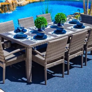 Sorrento 9-Piece Resin Wicker Outdoor Patio Furniture Dining Table Set in Gray w/Dining Table and Eight Cushioned Chairs (Flat-Weave Gray Wicker, Sunbrella Canvas Charcoal)