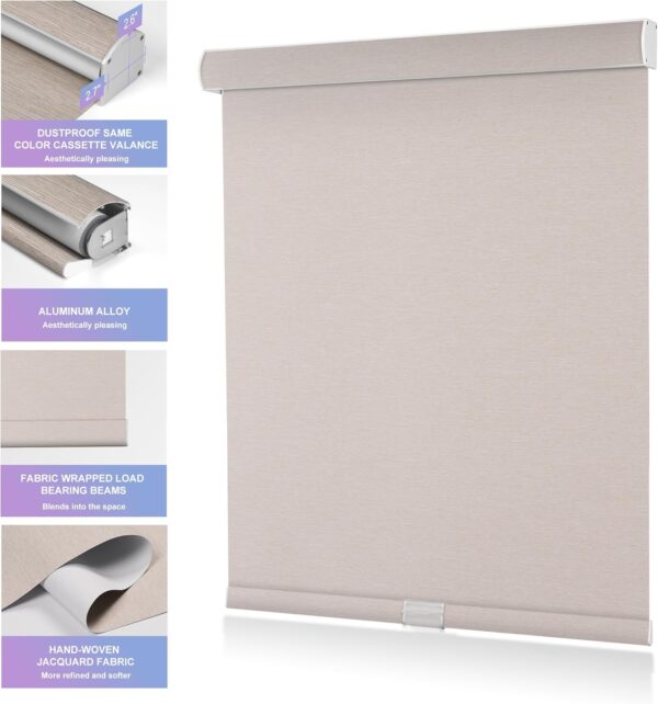 Boolegon Blackout Roller Shades for Windows Cordless Roller Blinds with Cassette Valance Roller Window Blinds Thermal Insulation Energy Saving Shades for Home Door Office,Beige,Custom Sizes - Image 2