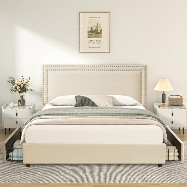 VECELO Full Size Upholstered Platform Bed Frame with 4 Storage Drawers, Adjustable Velvet Rivets Headboard, Wooden Slats Support, No Box Spring Needed, Easy Assembly - Image 3