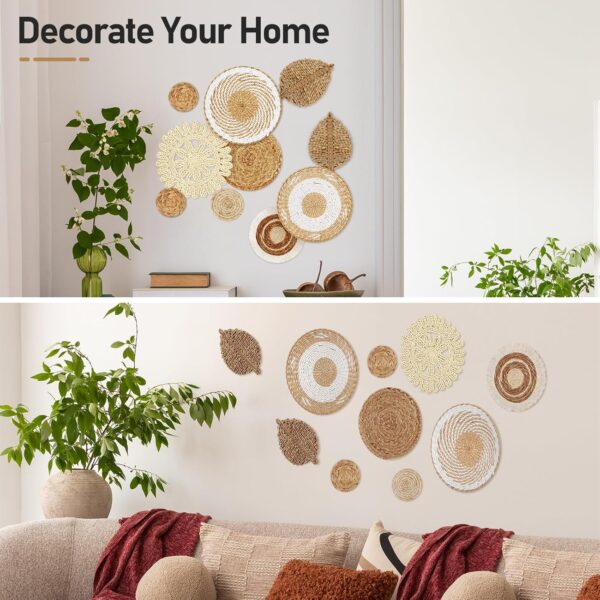 OGEMXU 10 Pcs Boho Wall Basket Decor, Round Rustic Woven Decorative, Handmade Wicker Wall decor Basket Set, Seagrass Wall Hanging for Bedroom, Living Room, Dining Table - Image 7