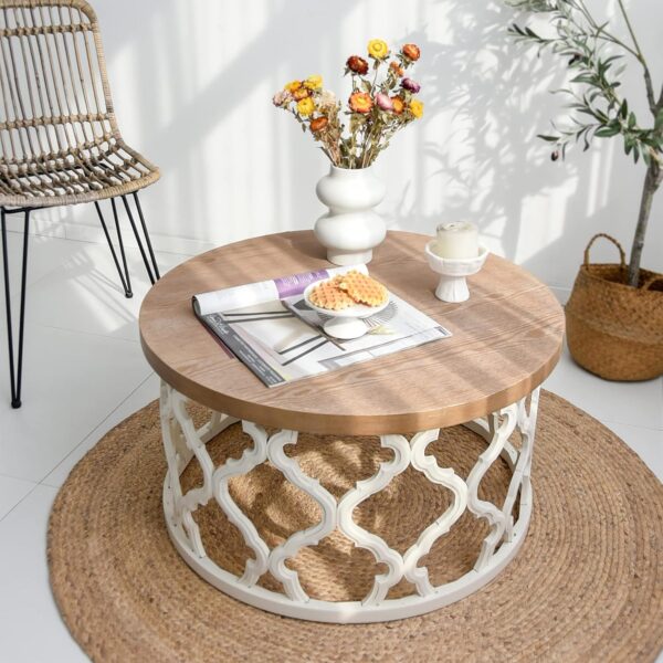 Rustic Farmhouse Coffee Table, Distressed Wood Top Table with Curved Motif Frame Base for Boho, French Country Decor, Round - Image 3